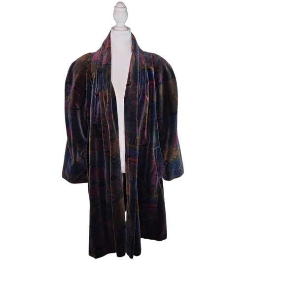 Vtg 80s De Ball Velvet Portrait multicolor abstract swing open front coat - Picture 1 of 12